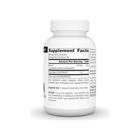 Source Naturals Bitter Melon 500mg supplement facts panel listing ingredients, dosage, and serving size