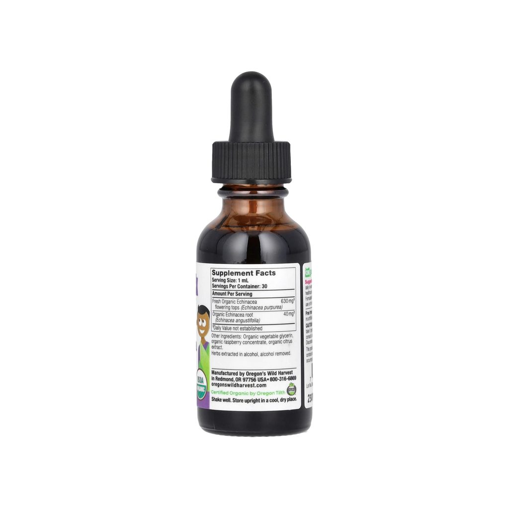 Oregon's Wild Harvest Kids Echinacea supplement facts panel listing ingredients, dosage, and serving size