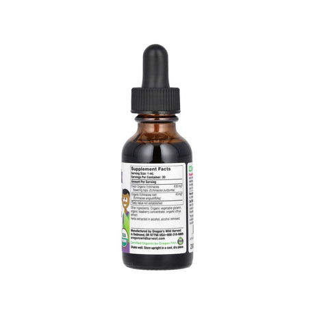 Oregon's Wild Harvest Kids Echinacea supplement facts panel listing ingredients, dosage, and serving size