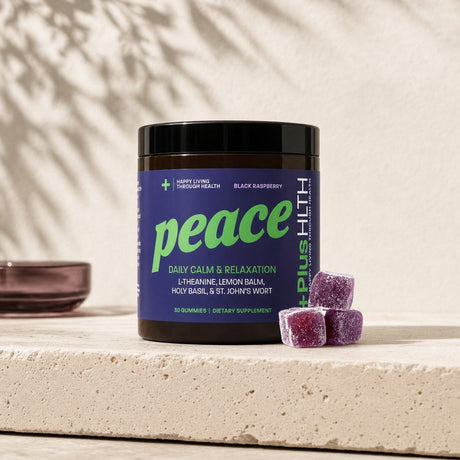 +PlusHLTH Peace Gummies black raspberry gummy product graphic with berry accents