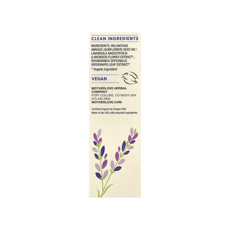 Motherlove Birth & Baby Oil ingredients panel listing organic oils, directions, and warnings