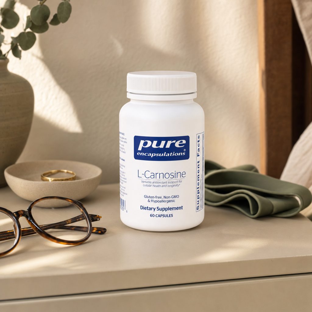 Pure Encapsulations L-Carnosine capsules in a clean daily supplement routine
