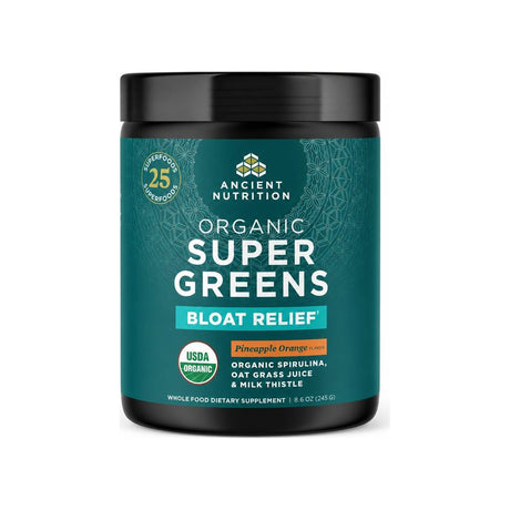 Ancient Nutrition Organic SuperGreens Bloat Relief Pineapple Orange powder tub, 25 servings