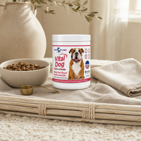 Vital Planet Vital Dog Multivitamin Powder container with dog wellness callouts