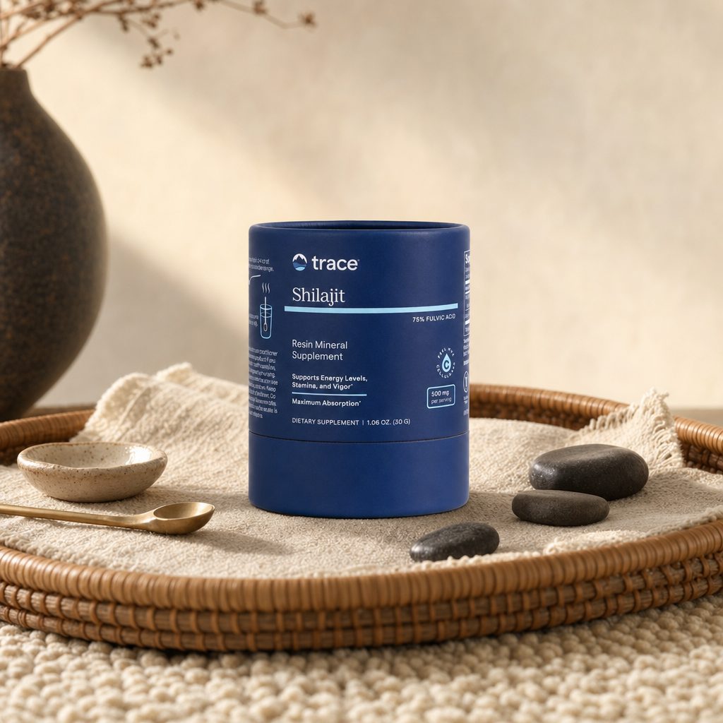 Trace Minerals Shilajit Resin jar with spoon and resin in a wellness routine scene