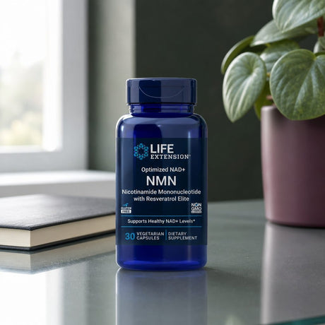 Life Extension Optimized NAD+ NMN with Resveratrol Elite bottle in a bright daily wellness setting