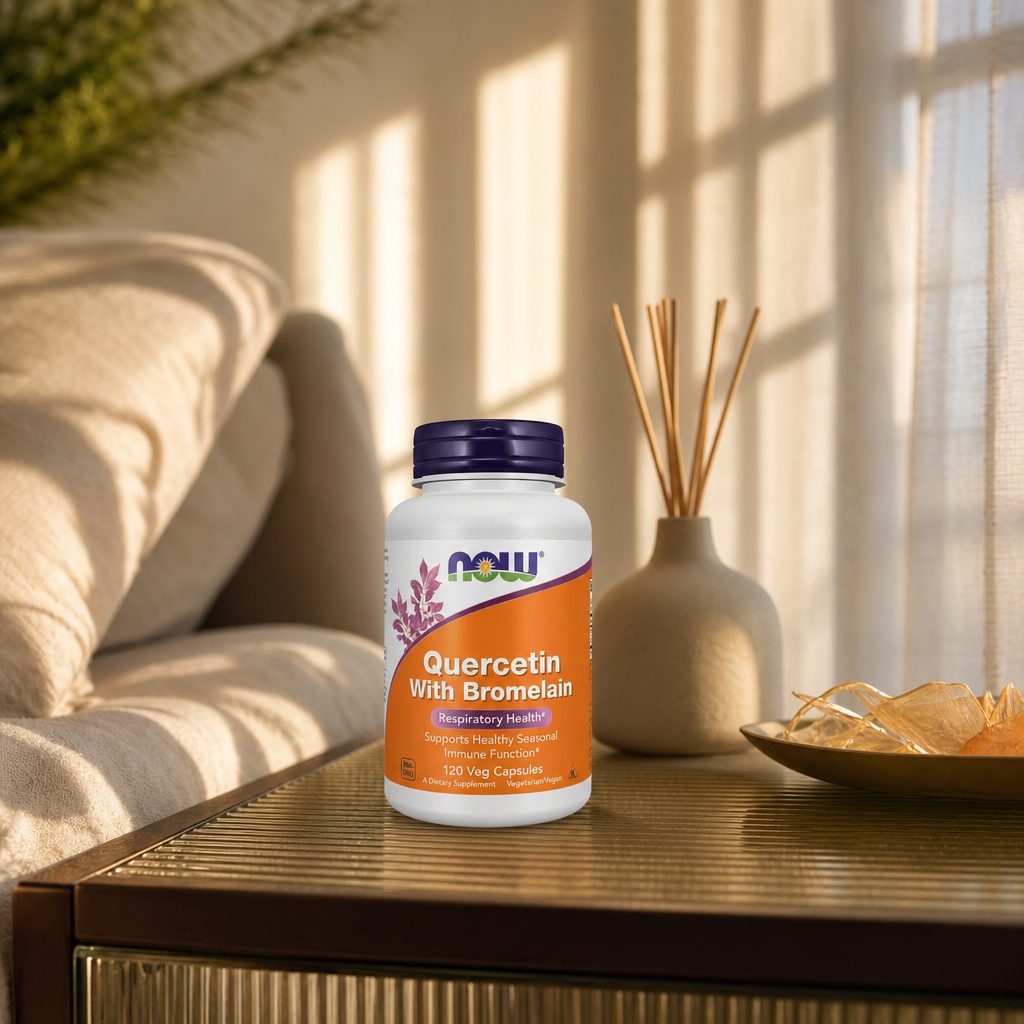 NOW Foods Quercetin With Bromelain bottle with capsules on a kitchen counter