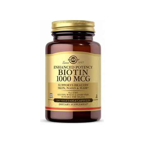 Solgar Biotin 1000 mcg 100 Capsules front bottle label on white background