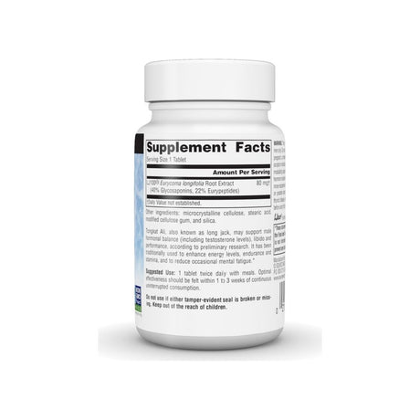 Source Naturals Tongkat Ali supplement facts panel listing ingredients, dosage, and serving size
