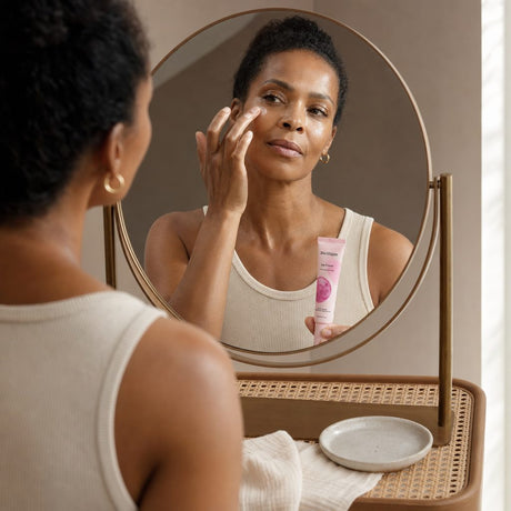 Mad Hippie Eye Cream tube displayed with skin care items in a bright bathroom setting