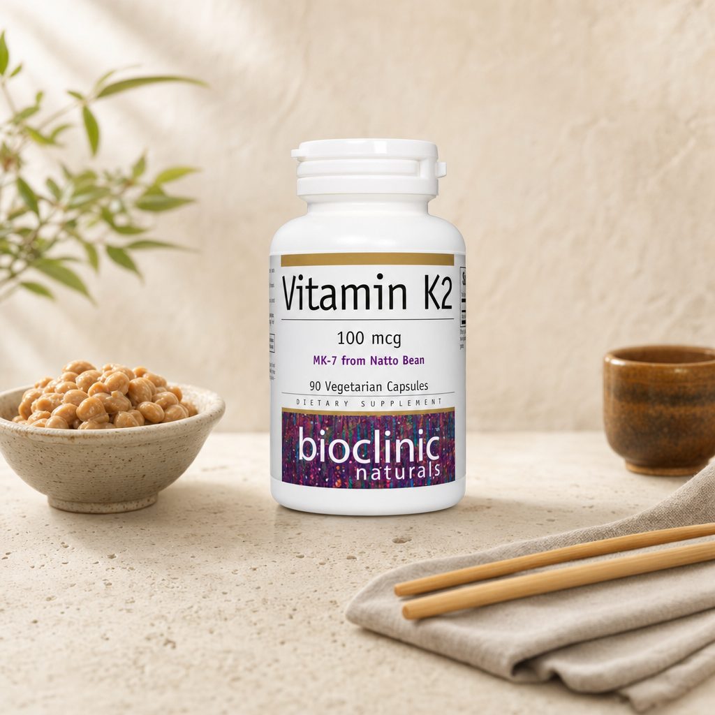 BioClinic Naturals Vitamin K2 Capsules bottle displayed with clean wellness supplements