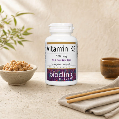 BioClinic Naturals Vitamin K2 Capsules bottle displayed with clean wellness supplements