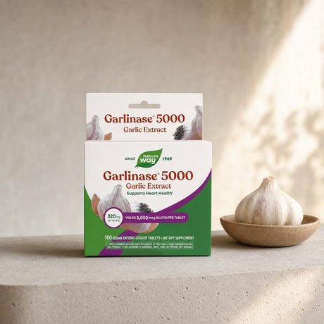 Nature's Way Garlinase 5000 bottle angled to show vegan enteric-coated formula callouts