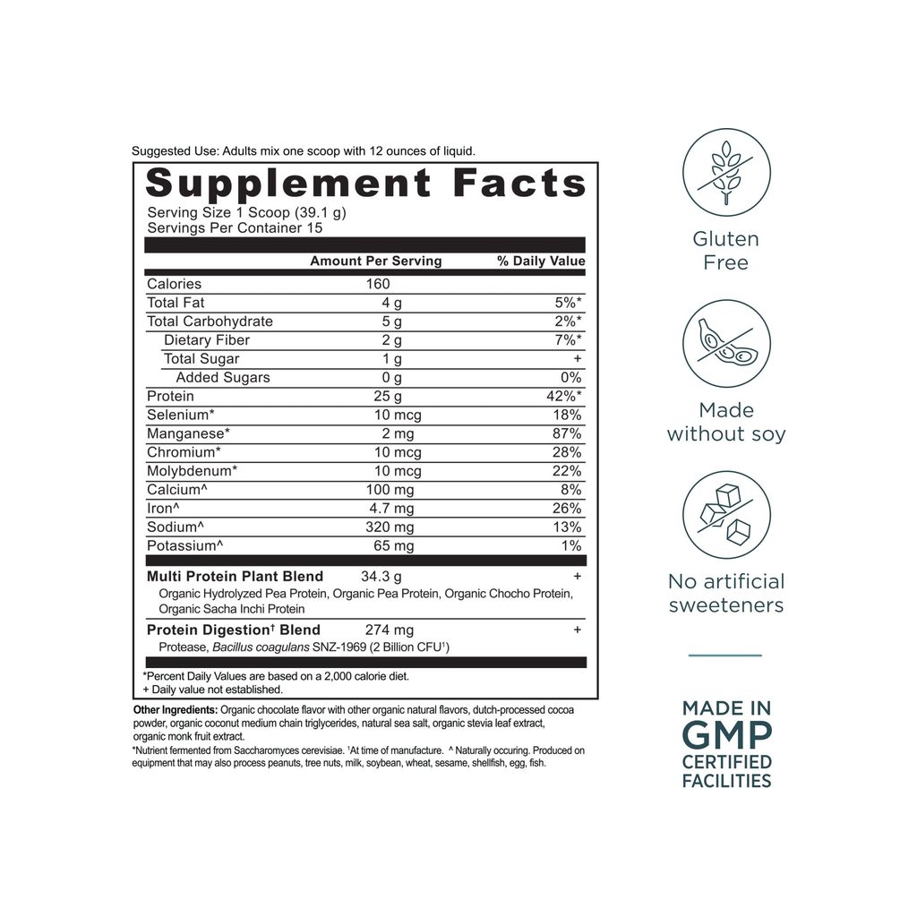 Ancient Nutrition Multi Protein Chocolate supplement facts panel with ingredients and serving size