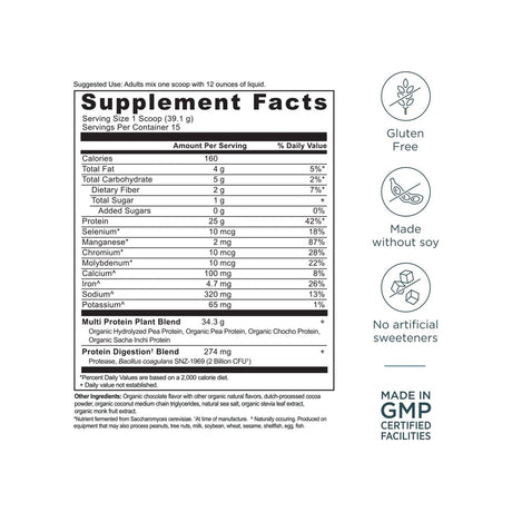 Ancient Nutrition Multi Protein Chocolate supplement facts panel with ingredients and serving size