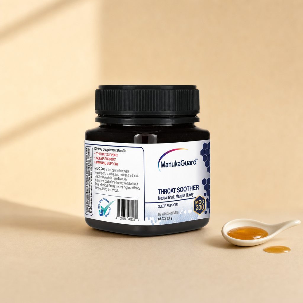 ManukaGuard Throat Soother MGO 200 jar side label with product details