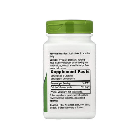 Nature's Way Butcher's Broom Root supplement facts panel listing ingredients and serving size