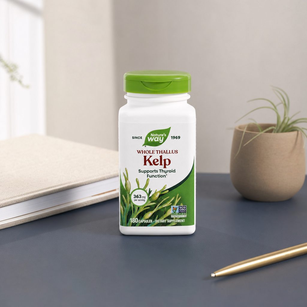 Nature's Way Kelp 180 capsules bottle with Non-GMO vegan gluten free callouts