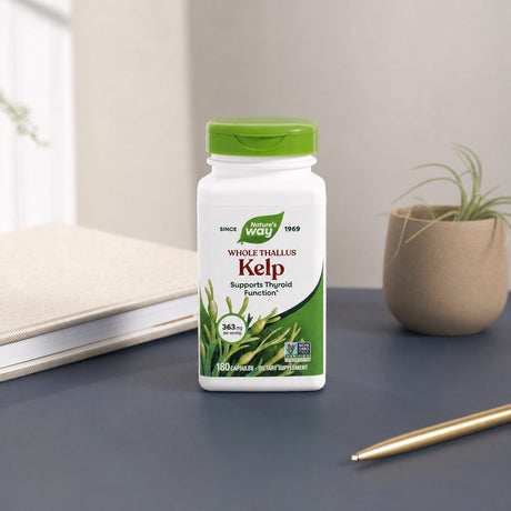 Nature's Way Kelp 180 capsules bottle with Non-GMO vegan gluten free callouts