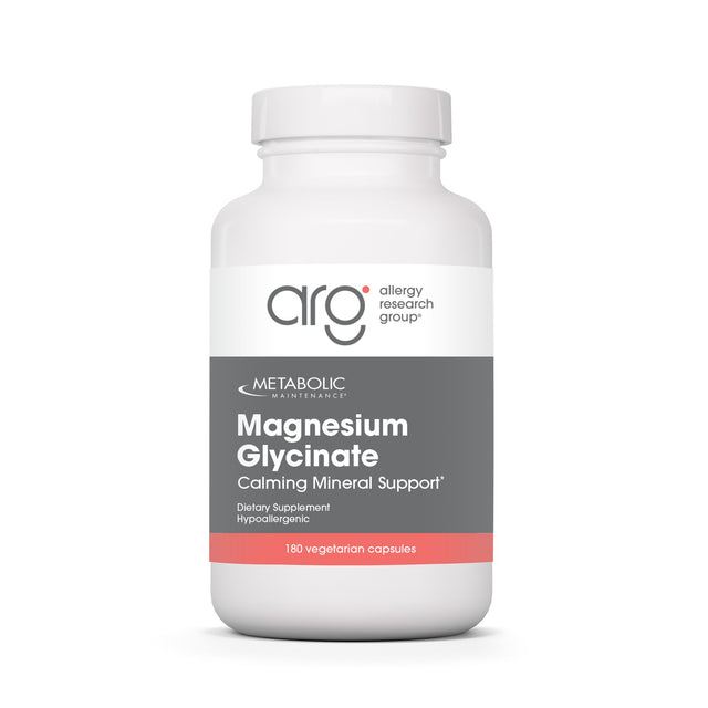 Metabolic Maintenance Magnesium Glycinate Calming Mineral Support 180 vegetarian capsules, white bottle with gray and coral Allergy Research Group label