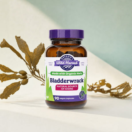Oregon's Wild Harvest Organic Bladderwrack bottle side label with directions and cautions
