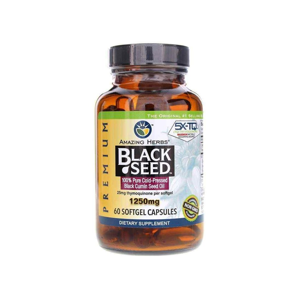 Amazing Herbs Premium Black Seed Oil XL Softgels 1250mg bottle front label