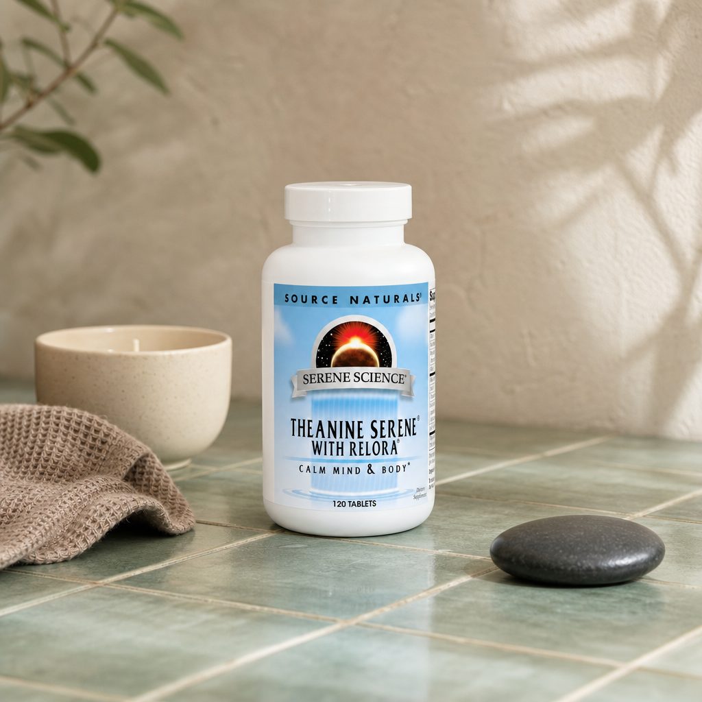 Source Naturals Theanine Serene with Relora bottle beside a mug in a calm desk setting