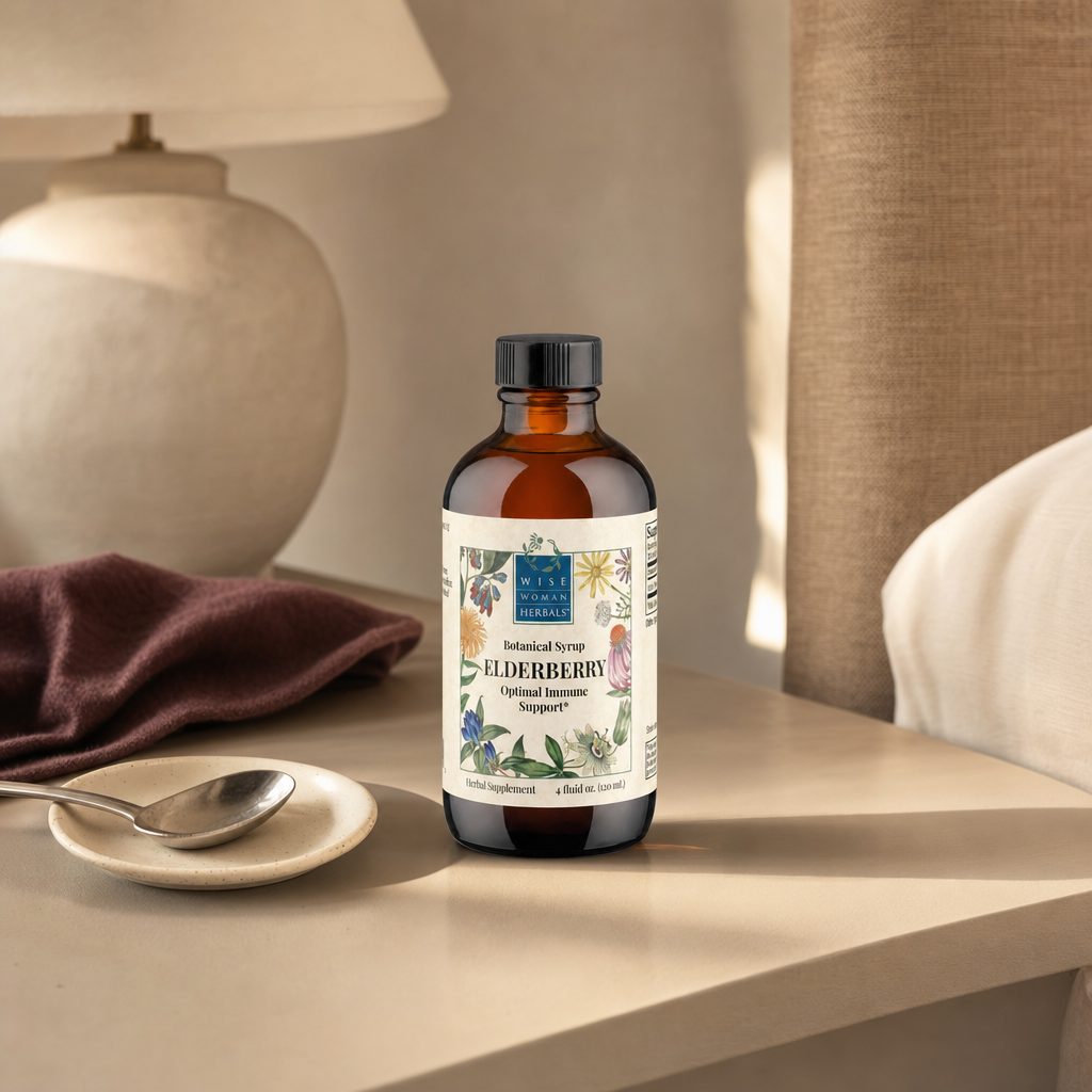 Wise Woman Herbals Elderberry Syrup 4 oz bottle on a clean white background