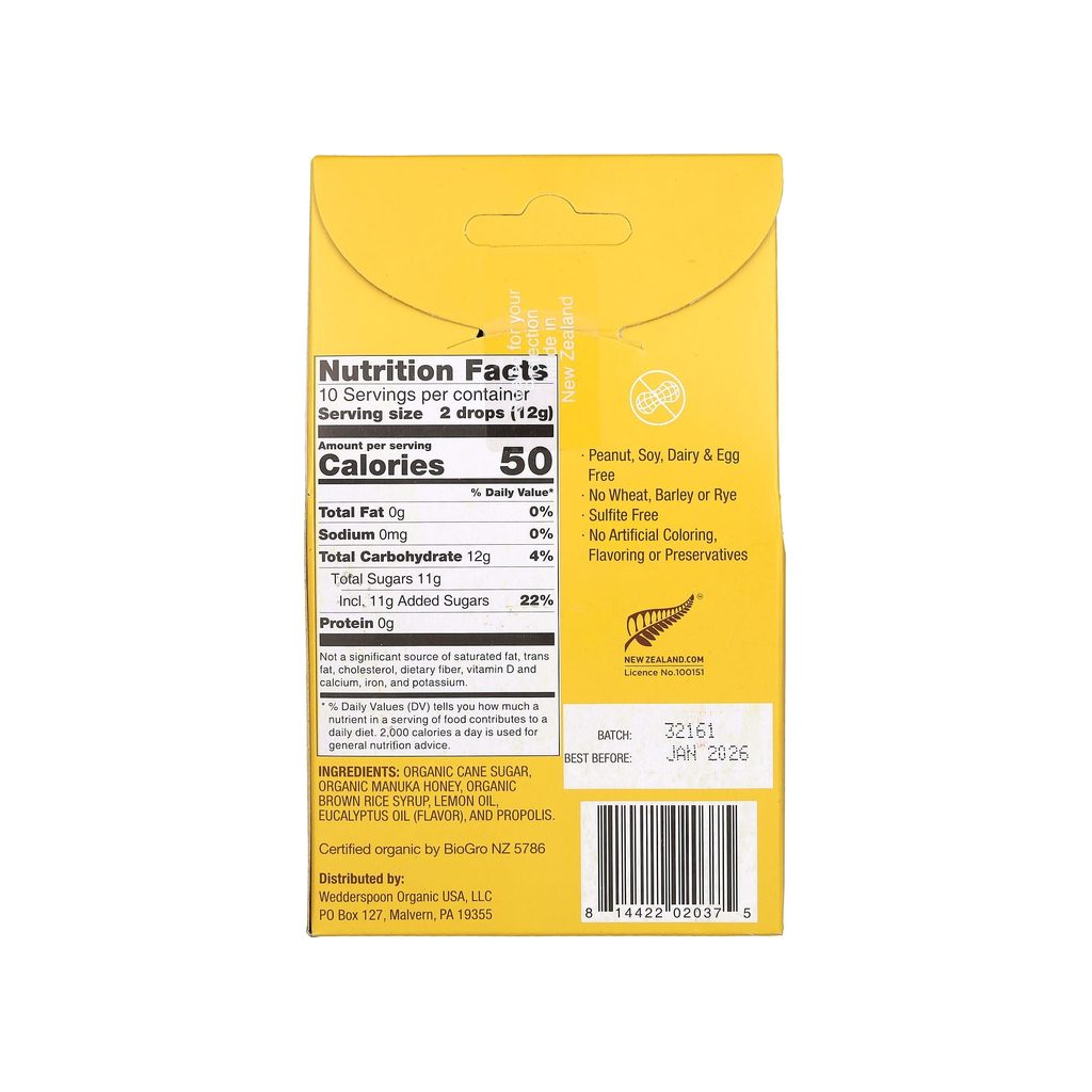Wedderspoon Organic Mānuka Honey Drops Lemon nutrition facts panel listing ingredients and serving size
