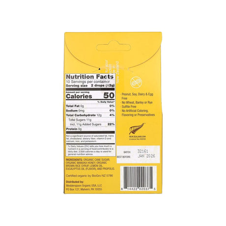Wedderspoon Organic Mānuka Honey Drops Lemon nutrition facts panel listing ingredients and serving size