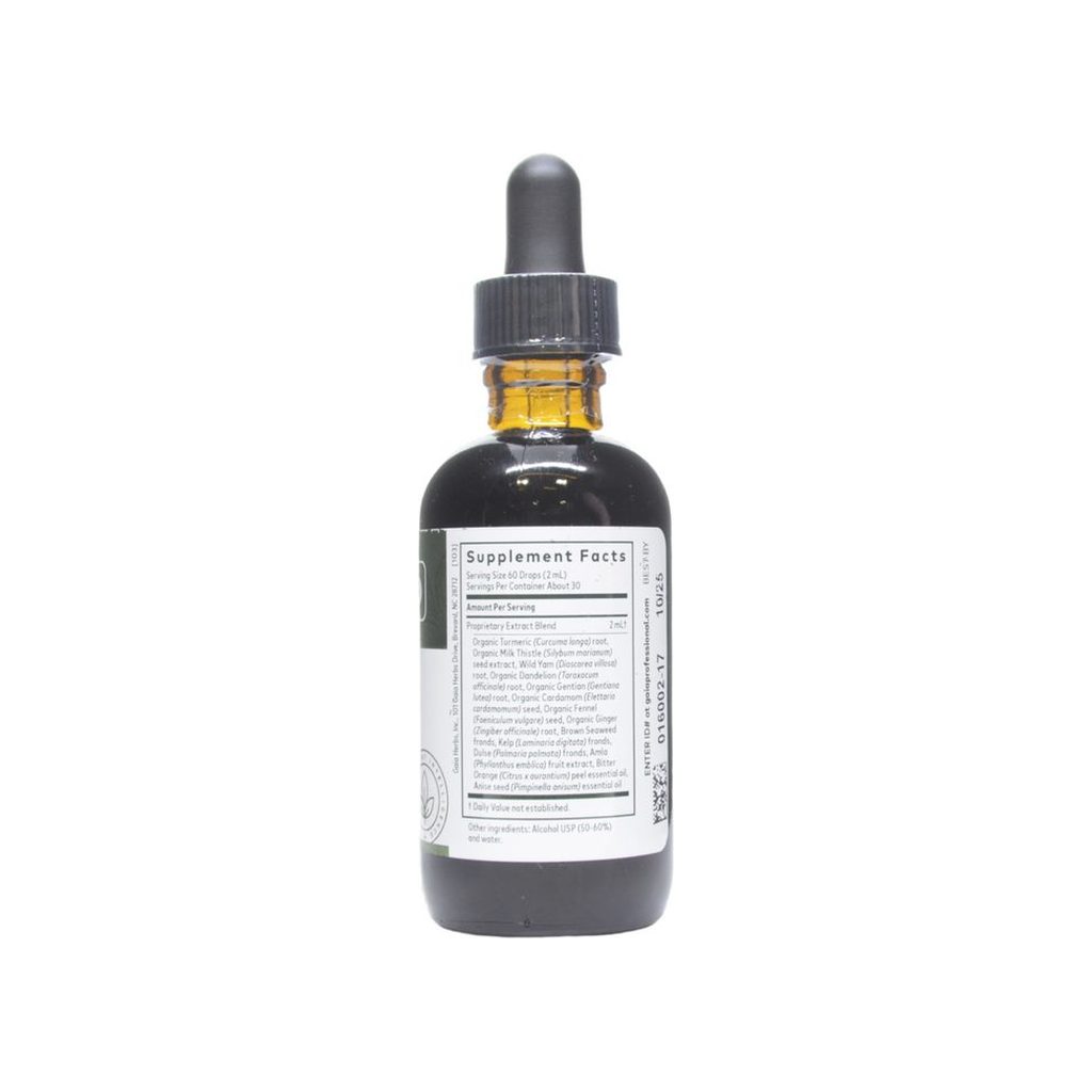 Gaia Herbs Pro Digestive Bitters with Turmeric supplement facts panel listing dosage and ingredients