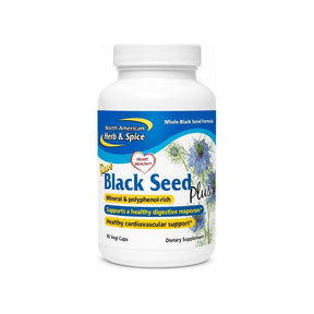 North American Herb & Spice Raw Black Seed Plus 90 Vegi Caps front bottle label