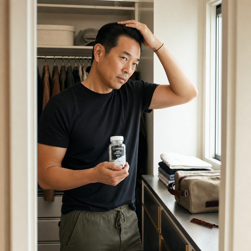 Garden of Life Dr. Formulated Hair Growth for Men ingredient callouts with black rice and cactus flower