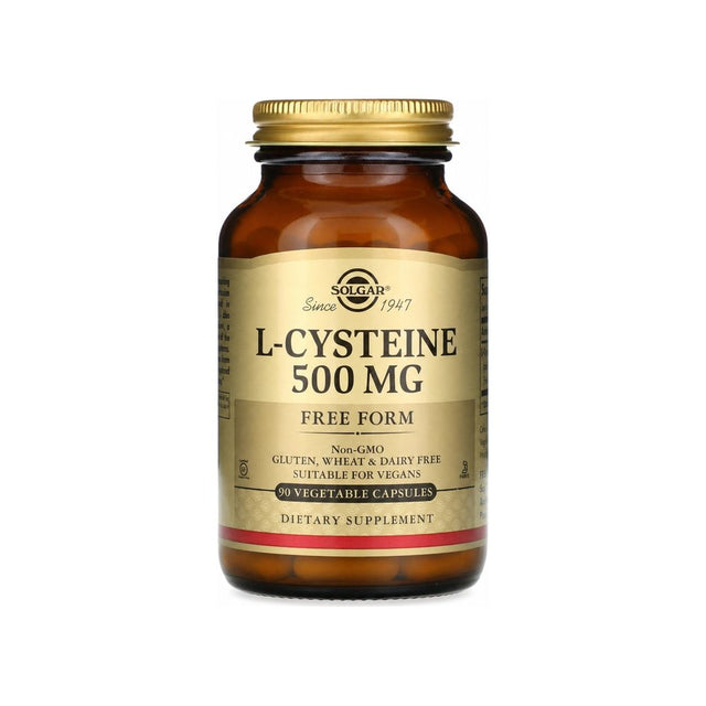 Solgar L-Cysteine 500 mg 90 vegetable capsules front bottle label
