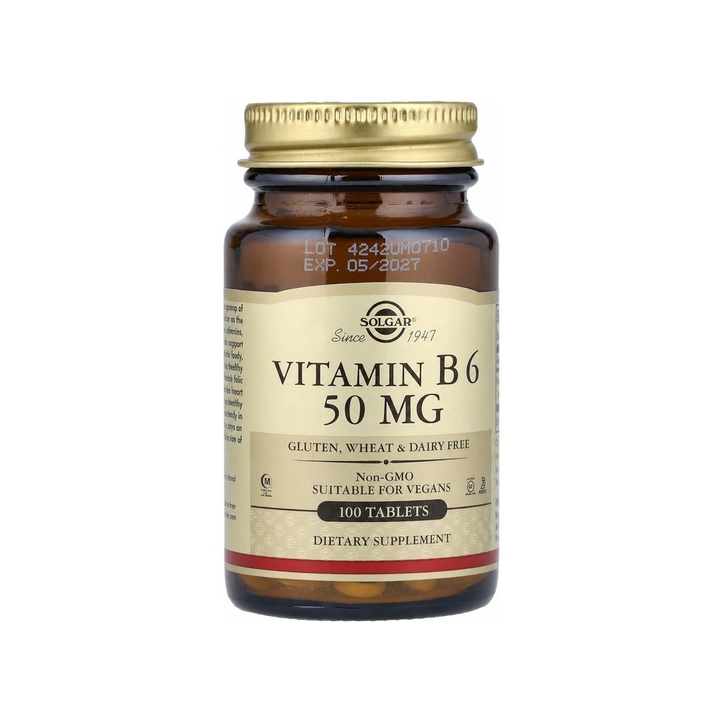 Solgar Vitamin B6 50 mg Tablets 100 count front bottle with gluten free and vegan label callouts