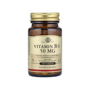 Solgar Vitamin B6 50 mg Tablets 100 count front bottle with gluten free and vegan label callouts