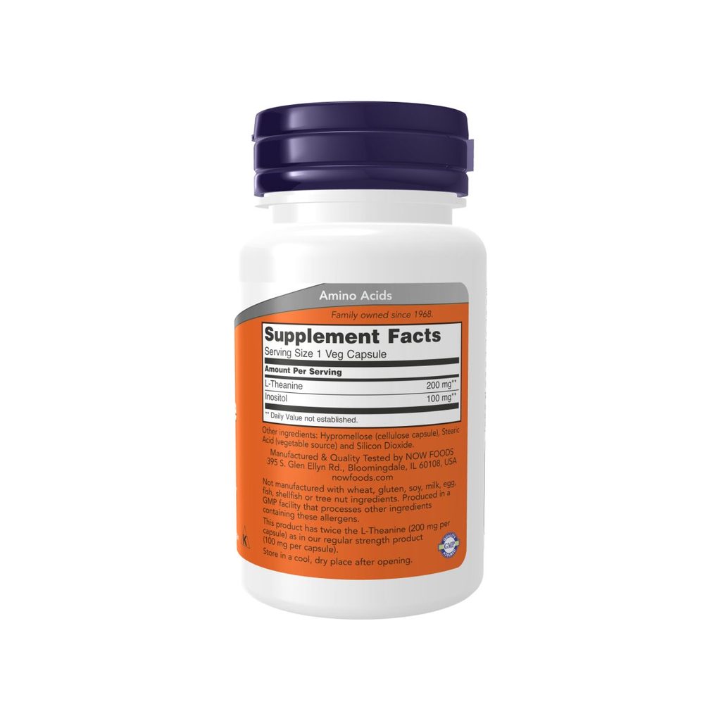 NOW Foods Theanine 200mg 60 capsules supplement facts panel listing ingredients and serving size