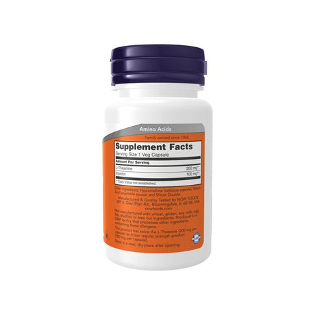 NOW Foods Theanine 200mg 60 capsules supplement facts panel listing ingredients and serving size