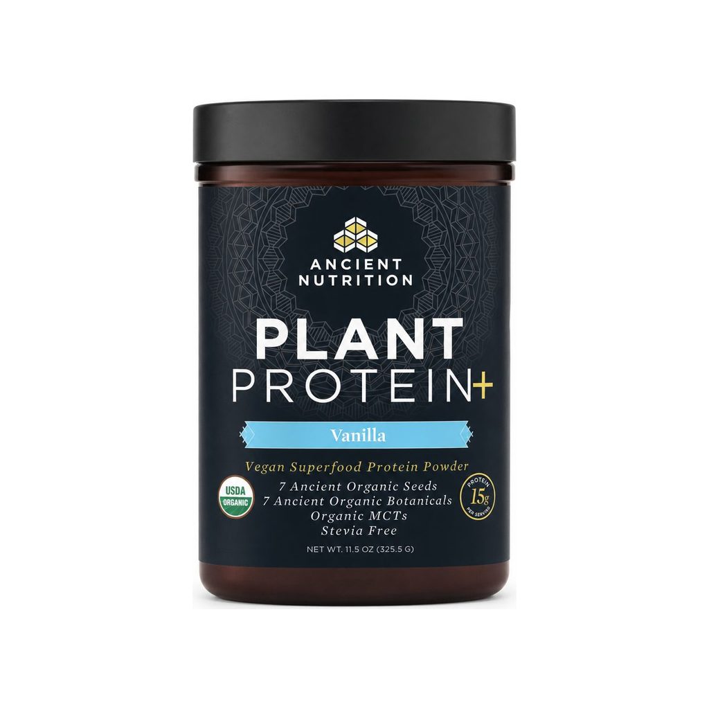 Ancient Nutrition Plant Protein+ Vanilla front tub, 11.5 oz vegan superfood powder