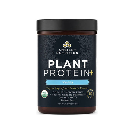 Ancient Nutrition Plant Protein+ Vanilla front tub, 11.5 oz vegan superfood powder