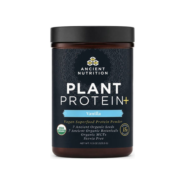 Ancient Nutrition Plant Protein+ Vanilla front tub, 11.5 oz vegan superfood powder