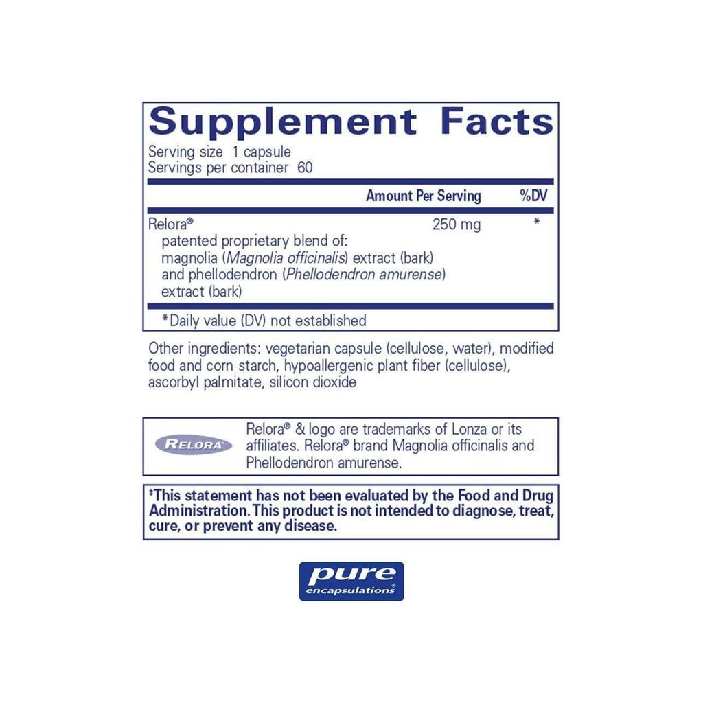 Pure Encapsulations Relora supplement facts panel listing ingredients, dosage, and serving size