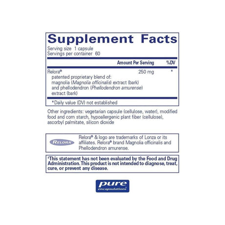 Pure Encapsulations Relora supplement facts panel listing ingredients, dosage, and serving size