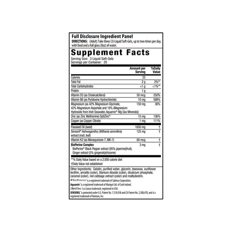 Irwin Naturals Triple-Source Magnesium + Ashwagandha supplement facts panel with dosage and ingredients