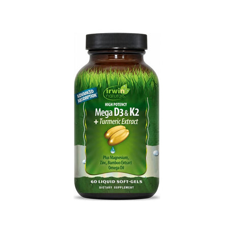 Irwin Naturals High Potency Mega D3 & K2 + Turmeric Extract 60-softgel bottle, front label