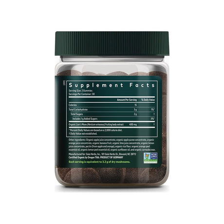 Gaia Herbs Lion's Mane Mushroom Gummies supplement facts panel listing ingredients, dosage, and serving size