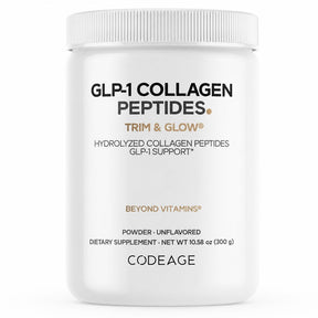 Codeage GLP-1 Collagen Peptides Powder front tub showing unflavored 10.58 oz label