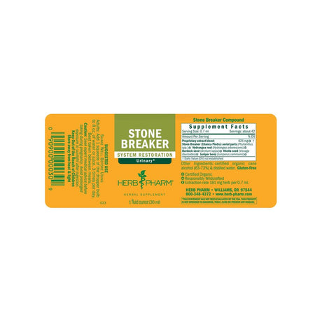 Herb Pharm Stone Breaker supplement facts panel listing ingredients, dosage, and serving size