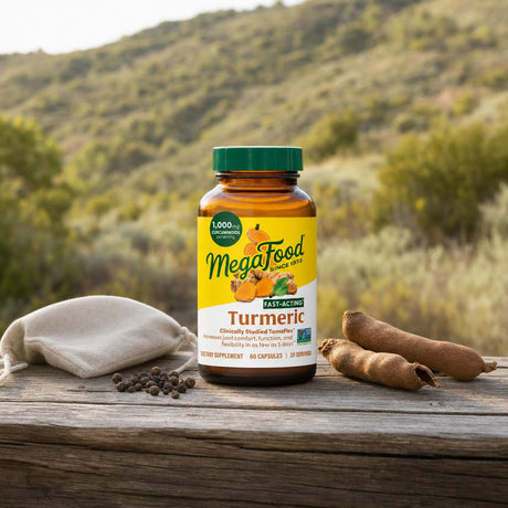 MegaFood Fast Acting Turmeric benefit graphic highlighting turmeric, TamaFlex, and BioPerine