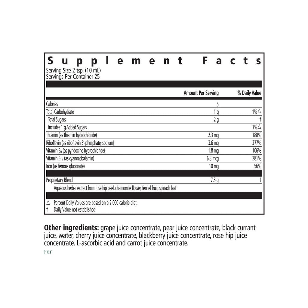 Floradix Floravital Iron + Herbs supplement facts panel listing ingredients and serving size